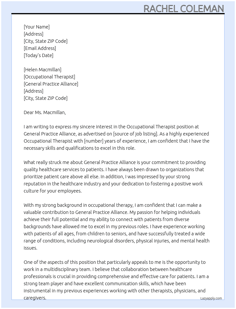 Occupational Therapist At General Practice Alliance Cover Letter