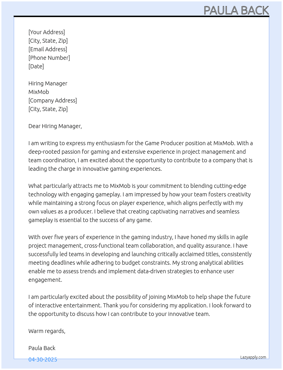 Game Producer At MixMob Cover Letter