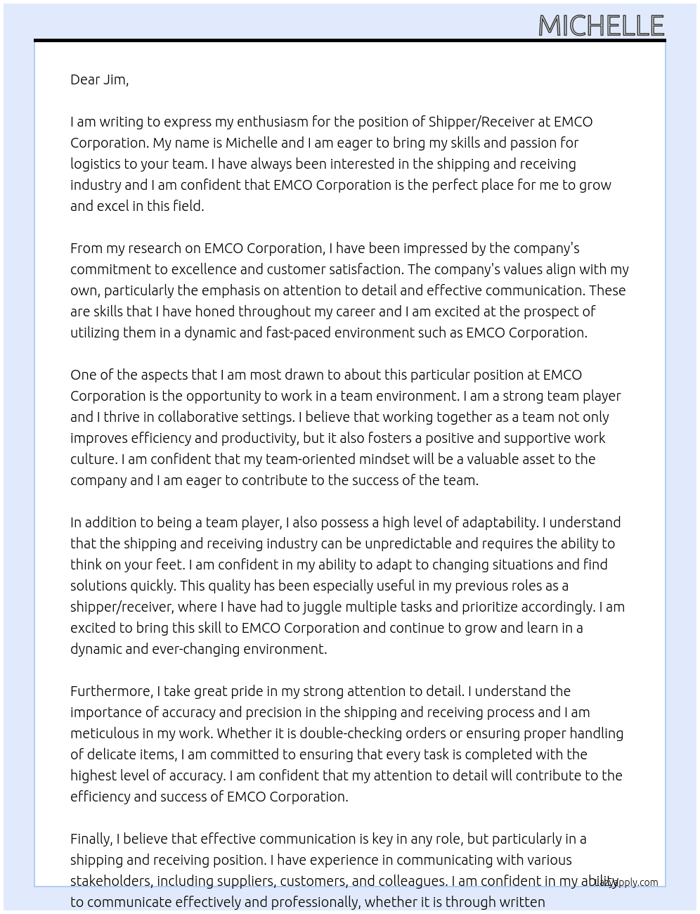 shipper / receiver At EMCO Corporation Cover Letter