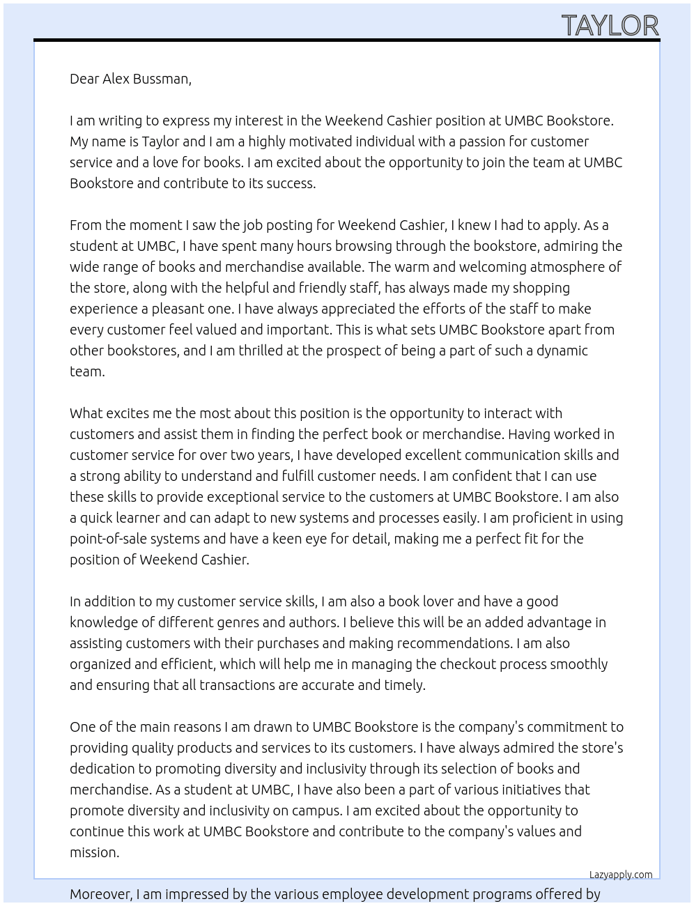 Cover letter for weekend cashier - LazyApply