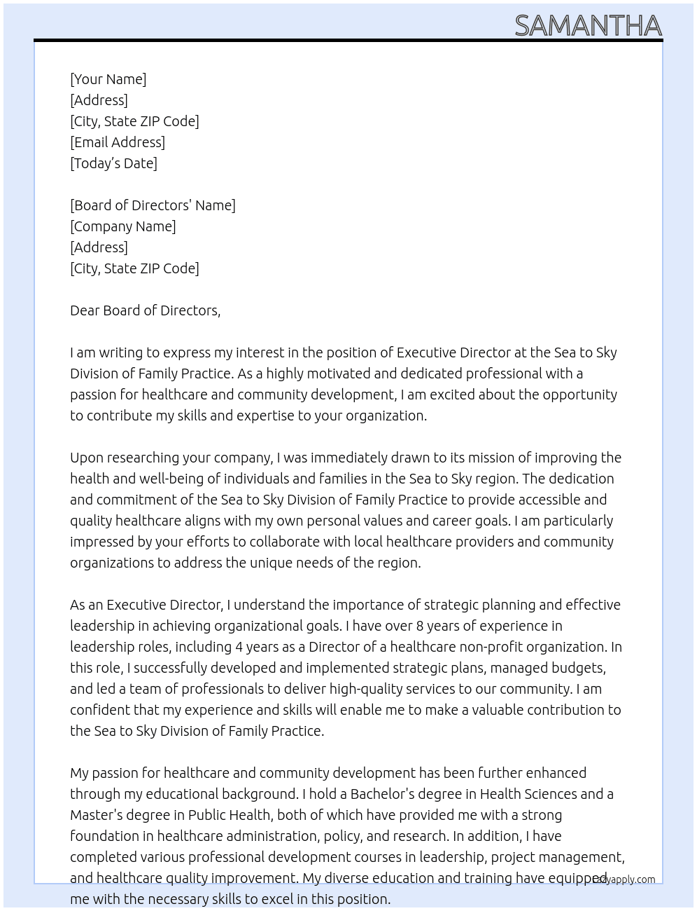 Executive Director  At Sea to Sky Division of Family Practice  Cover Letter