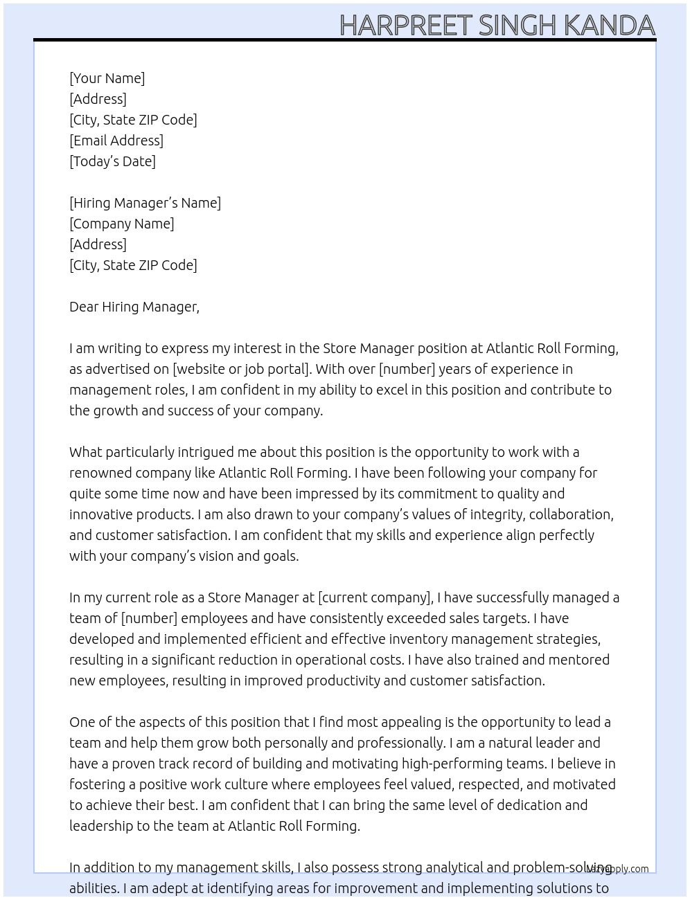 Store Manager At Atlantic Roll Forming Cover Letter