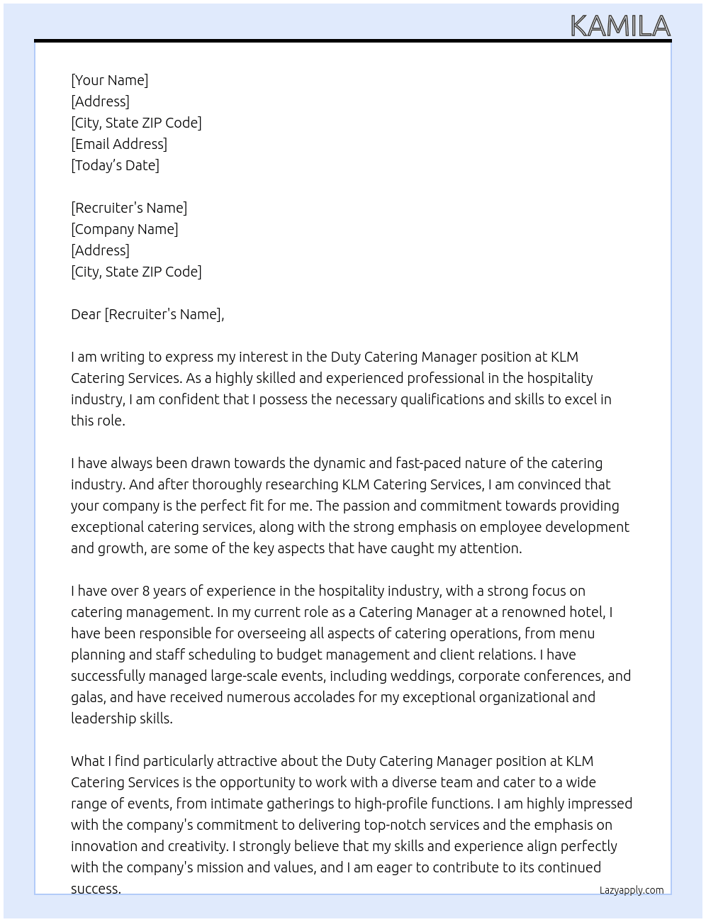 Duty Catering Manager At KLM Catering Services  Cover Letter