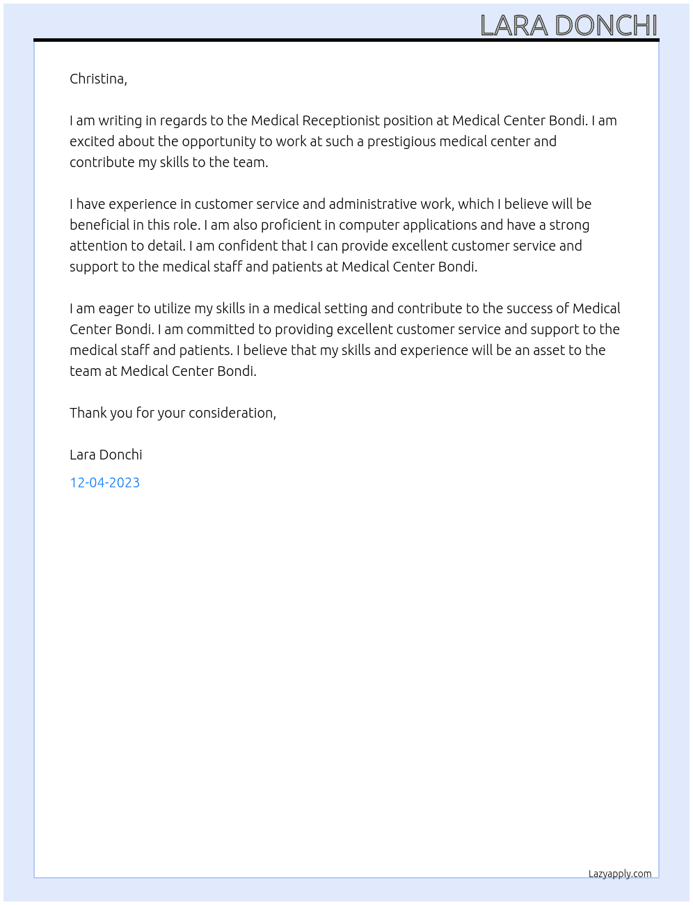 Medical Receptionist  At Medical Center Bondi Cover Letter