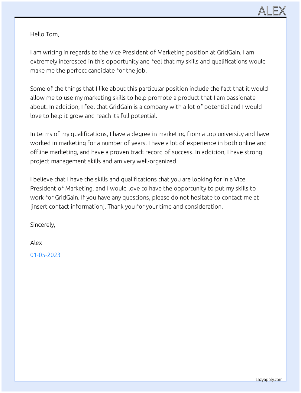 Vice President of Marketing  At GridGain Cover Letter