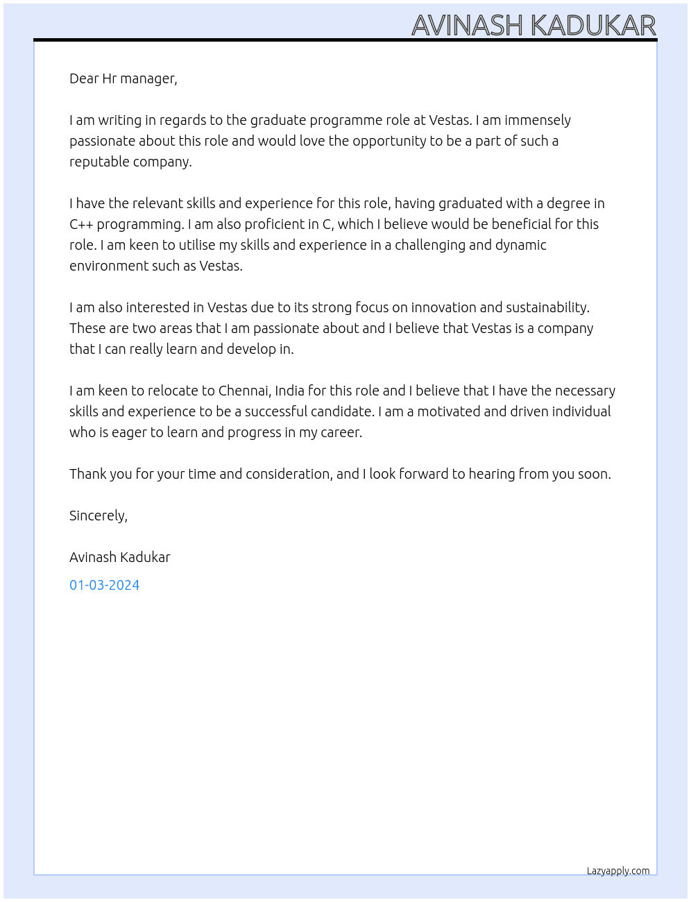 graduate  programme At vestas Cover Letter