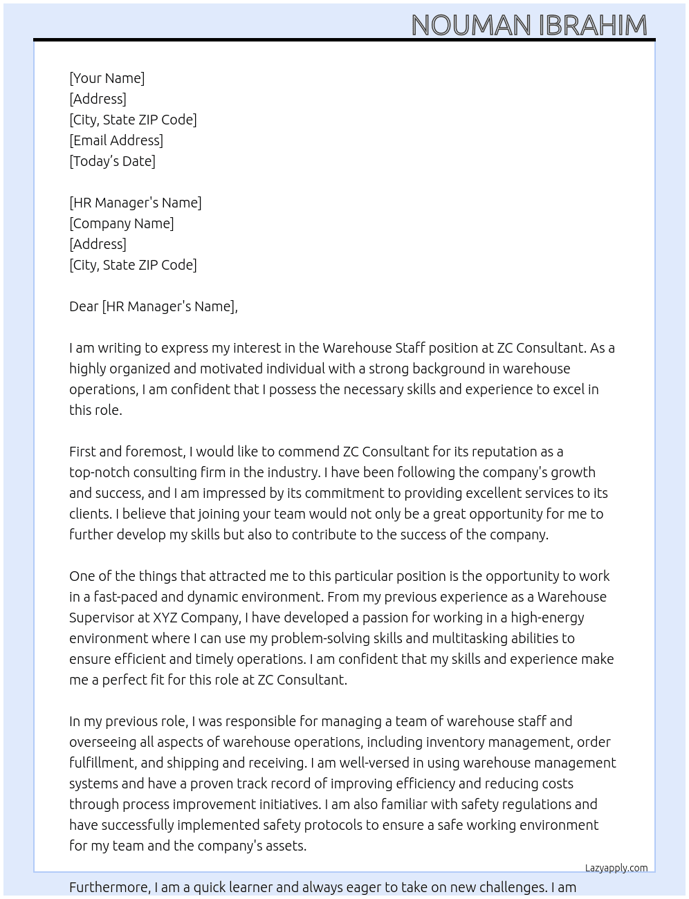 Warehouse Staff At ZC consultant Cover Letter