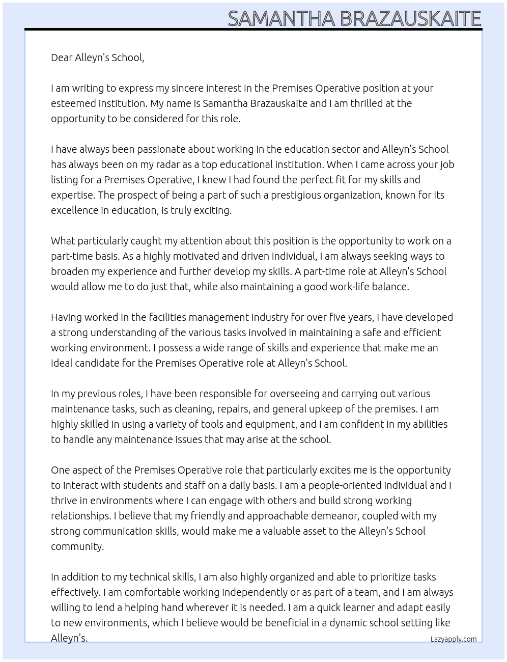 Premises Operative At Alleyn's School Cover Letter