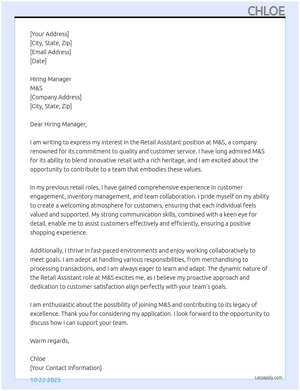 Retail Assistant At M&S Cover Letter