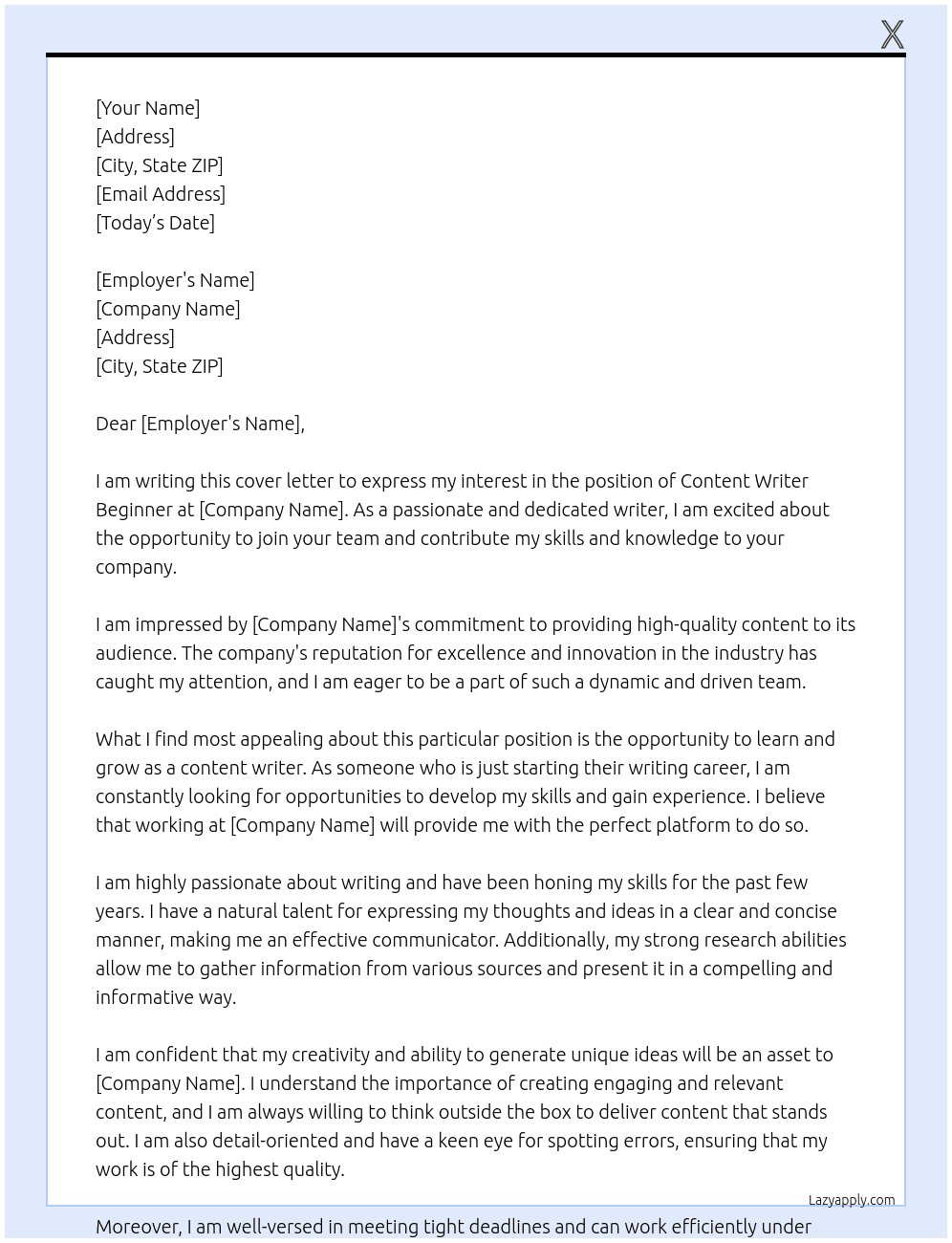 Cover letter for content writer beginner - LazyApply
