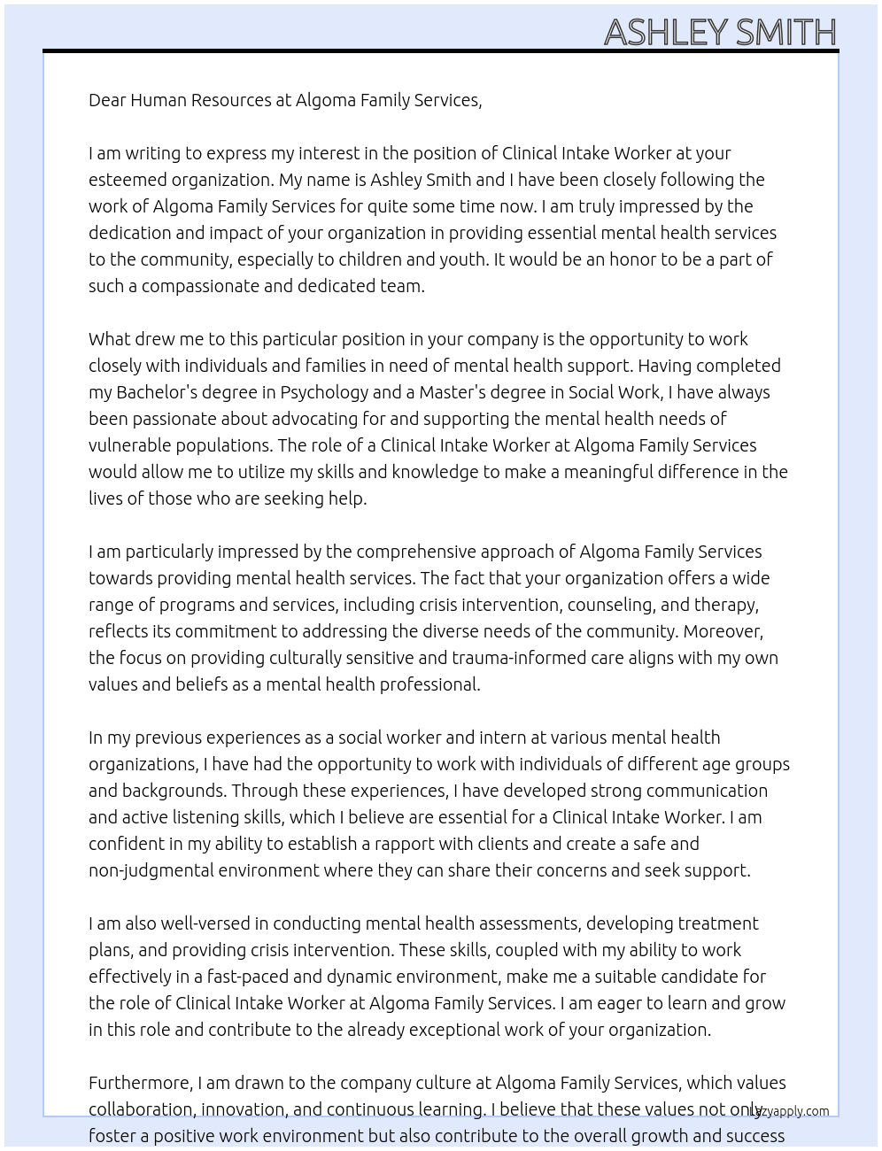 Clinical Intake Worker At Algoma Family Services Cover Letter