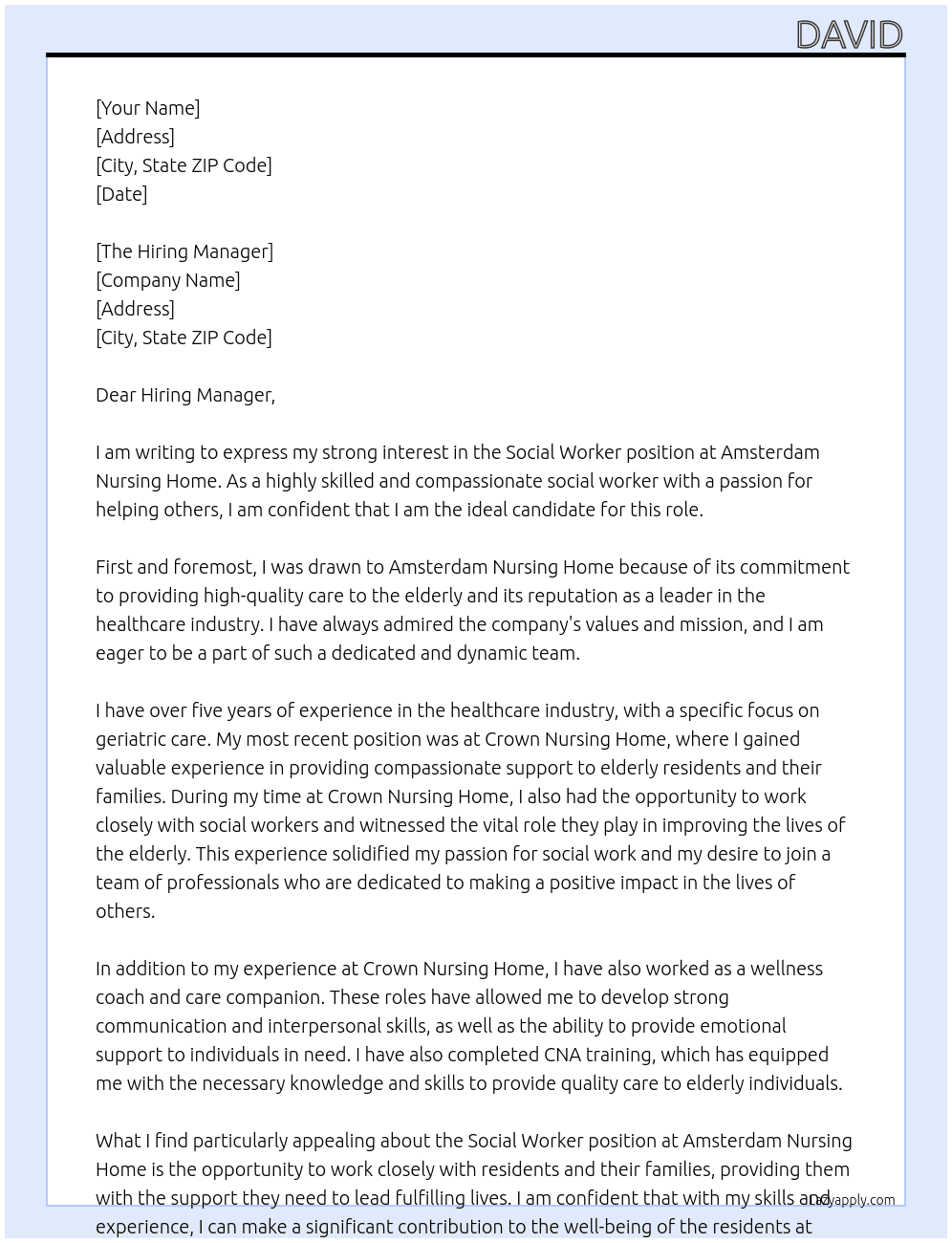 Social Worker At Amsterdam Nursing Home Cover Letter