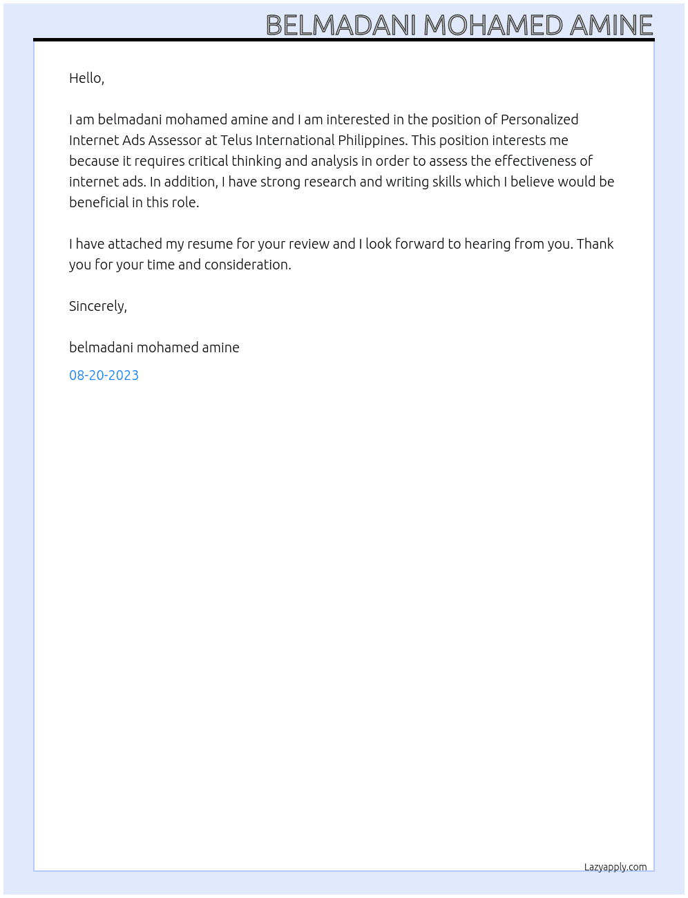Personalized Internet Ads Assessor At Telus International Philippines Cover Letter