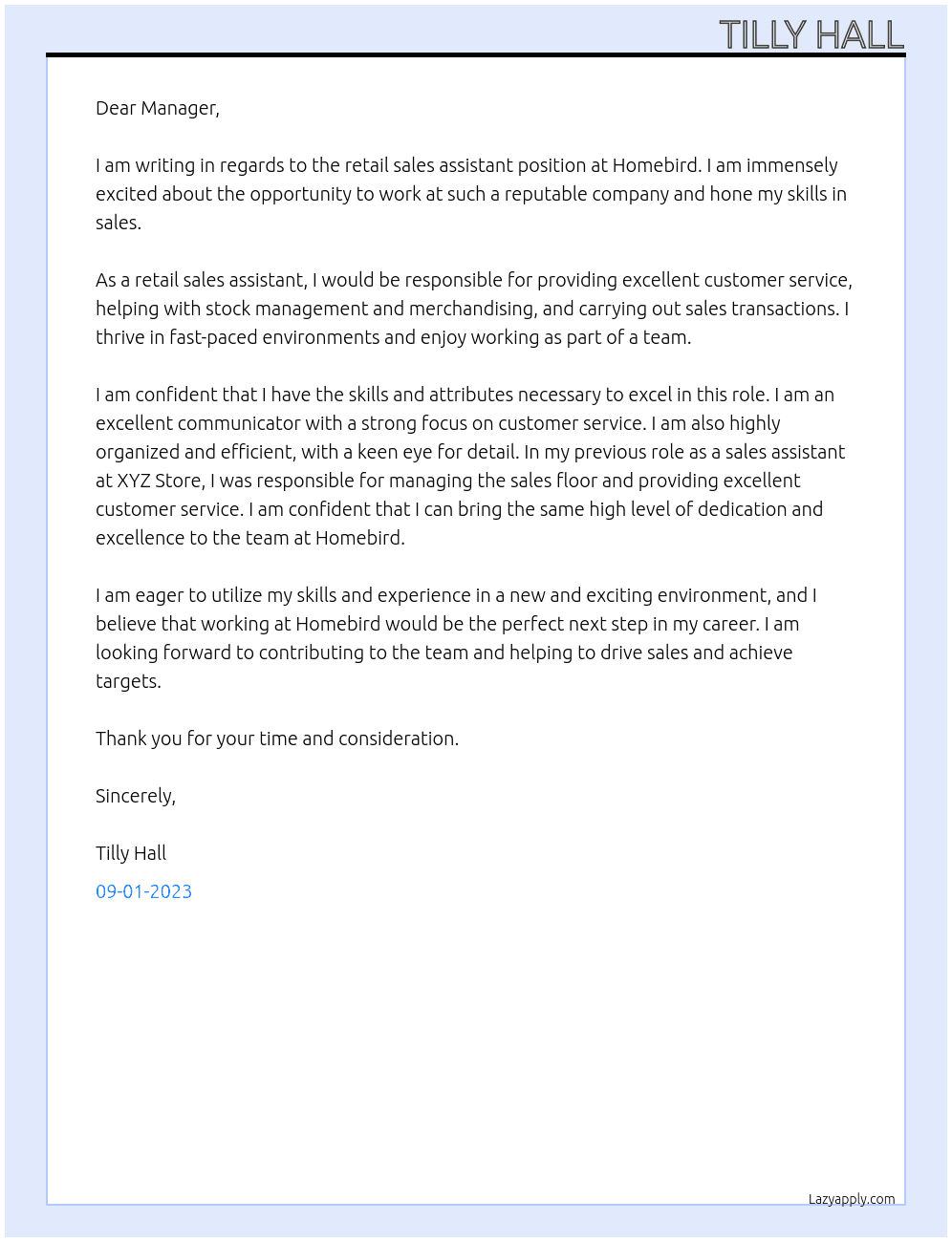 Retail sales assistant At Homebird Cover Letter
