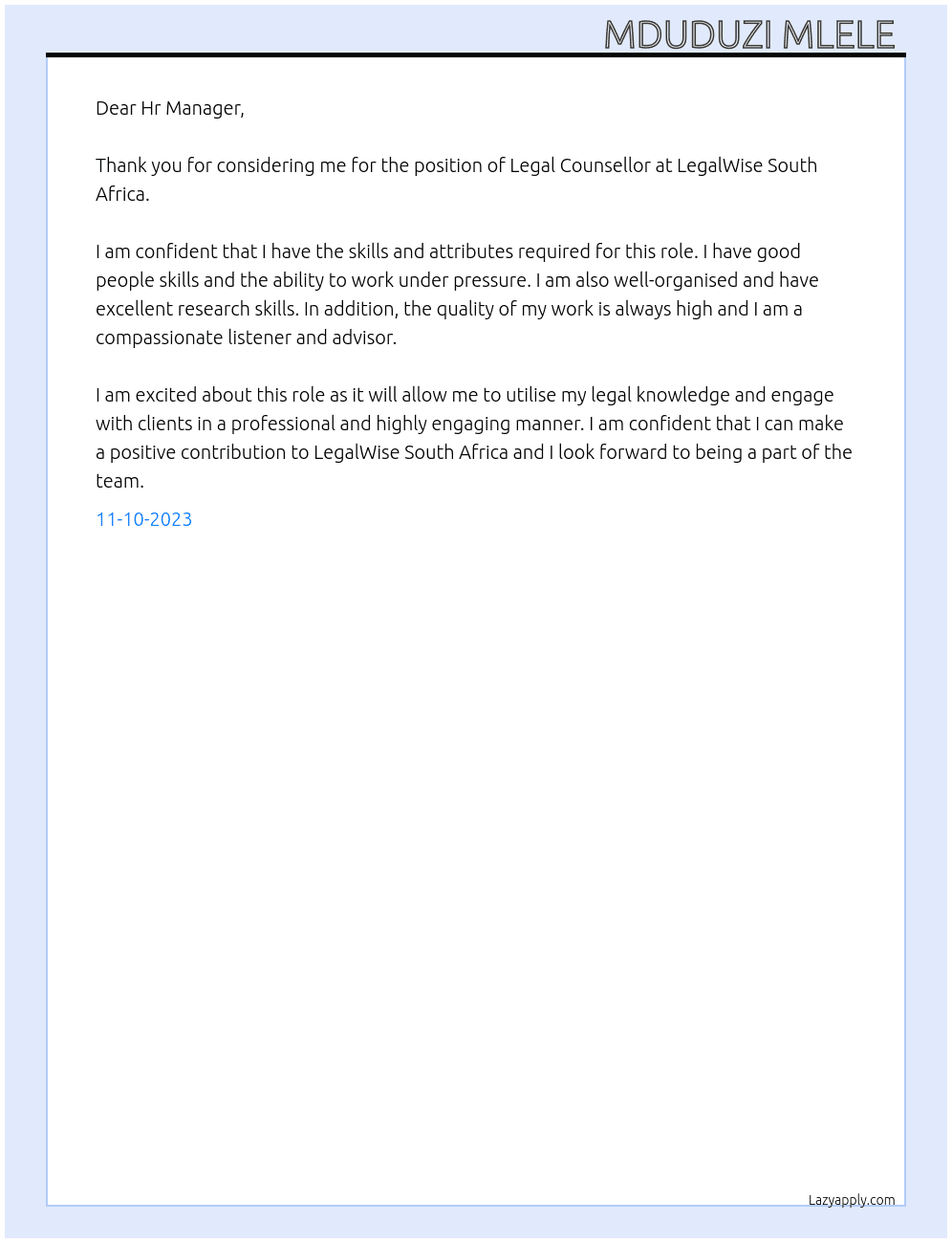 Legal Counsellor  At LegalWise South Africa  Cover Letter