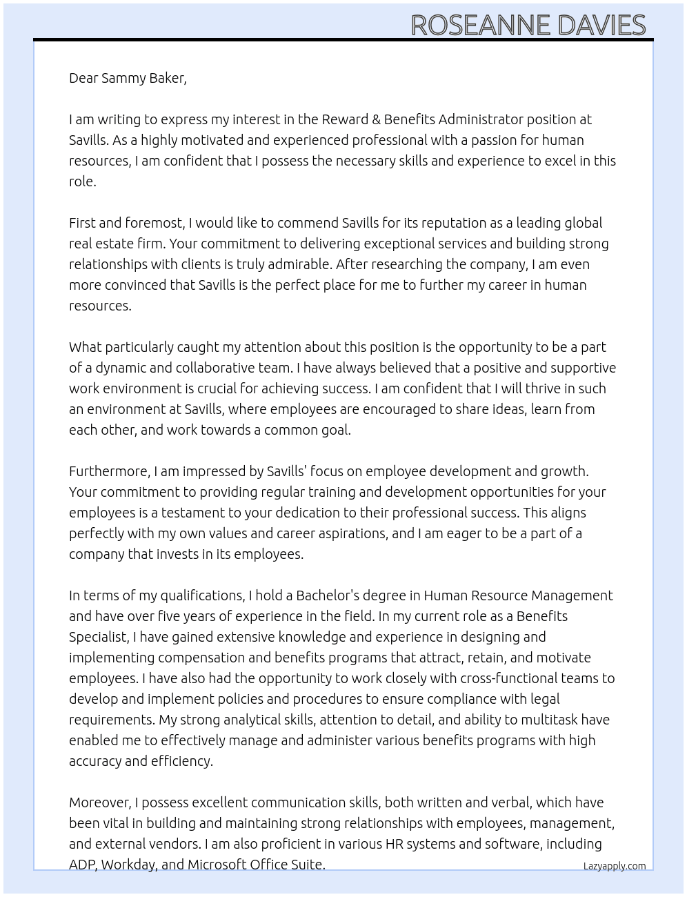 Reward & Benefits Administrator  At Savills Cover Letter