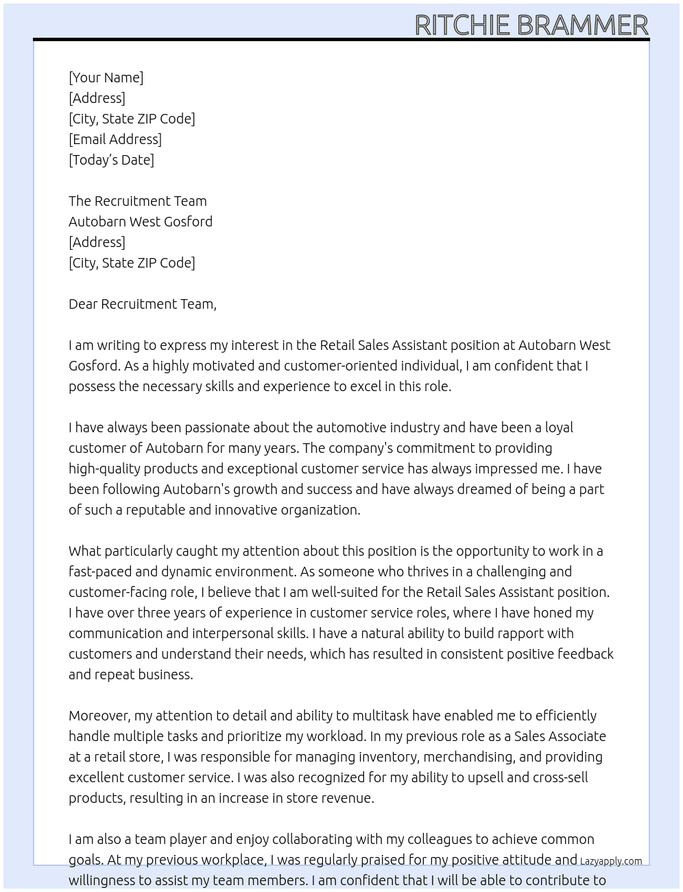 Retail Sales Assistant At Autobarn West Gosford Cover Letter