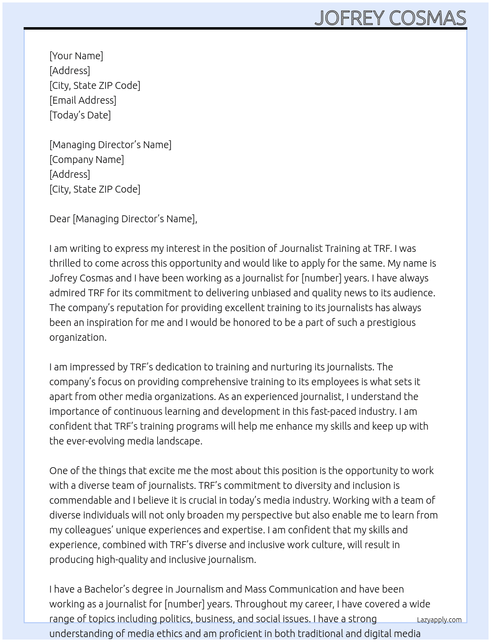 Journalist training  At TRF Cover Letter