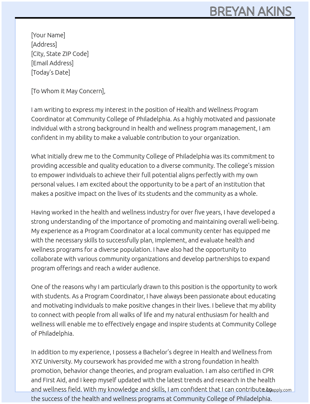 Health and Wellness Program Coordinator  At Community College of Philadelphia  Cover Letter
