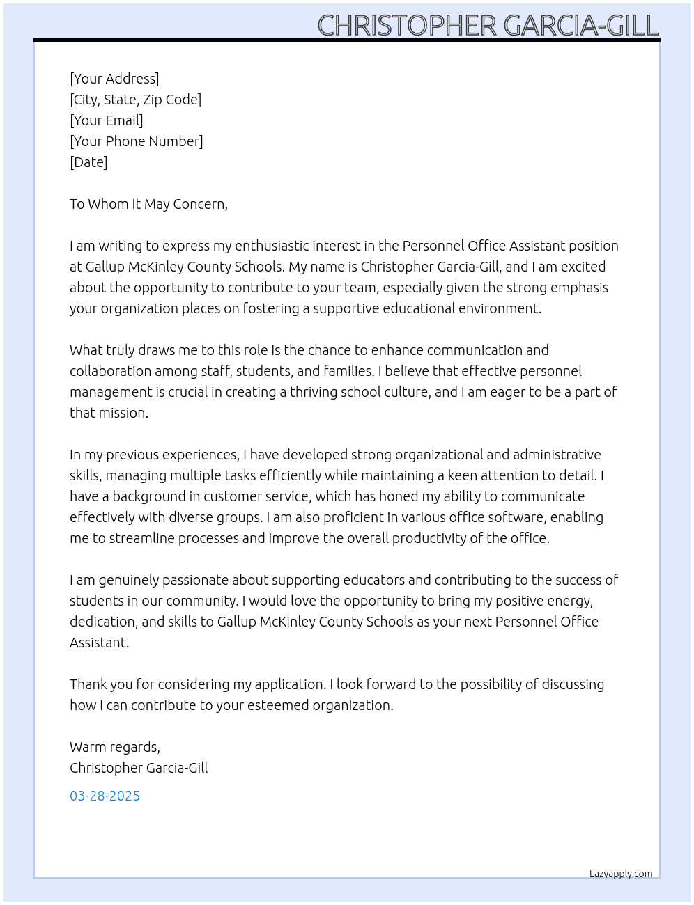 Cover letter for personnel office assistant - LazyApply