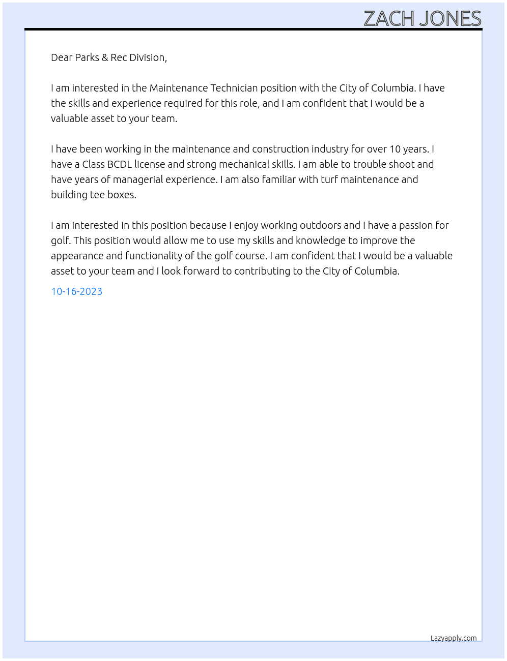 Maintenance Technician At City of Columbia Cover Letter