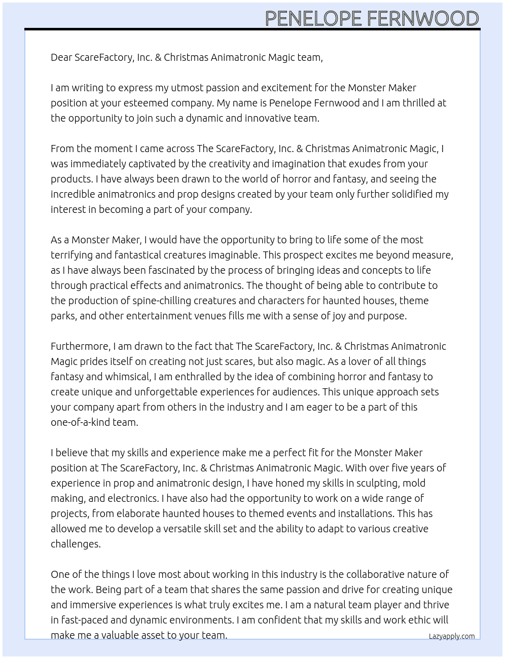 Monster Maker At The ScareFactory, Inc. & Christmas Animatronic Magic! Cover Letter