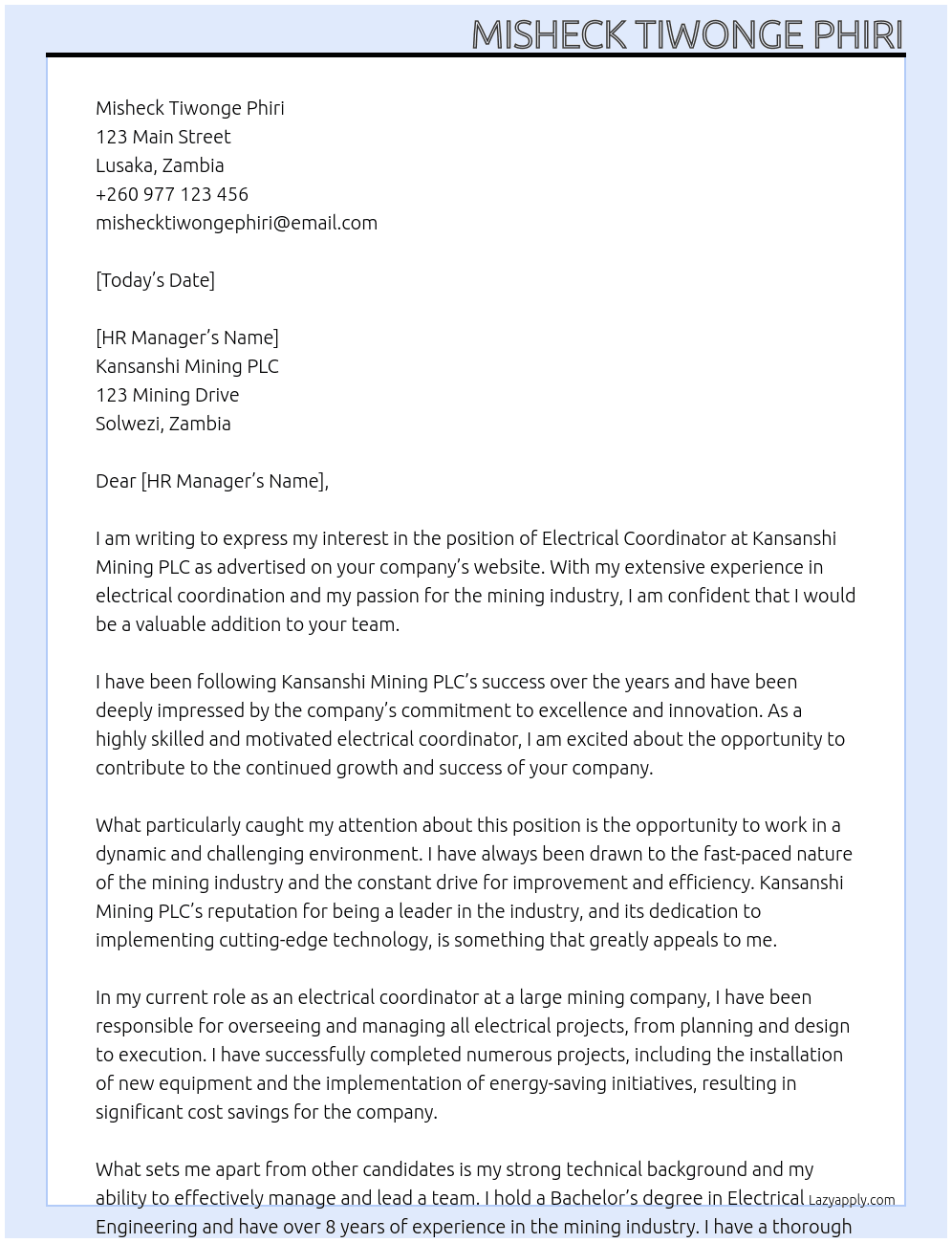 electrical coordianator At kansanshi mining plc Cover Letter