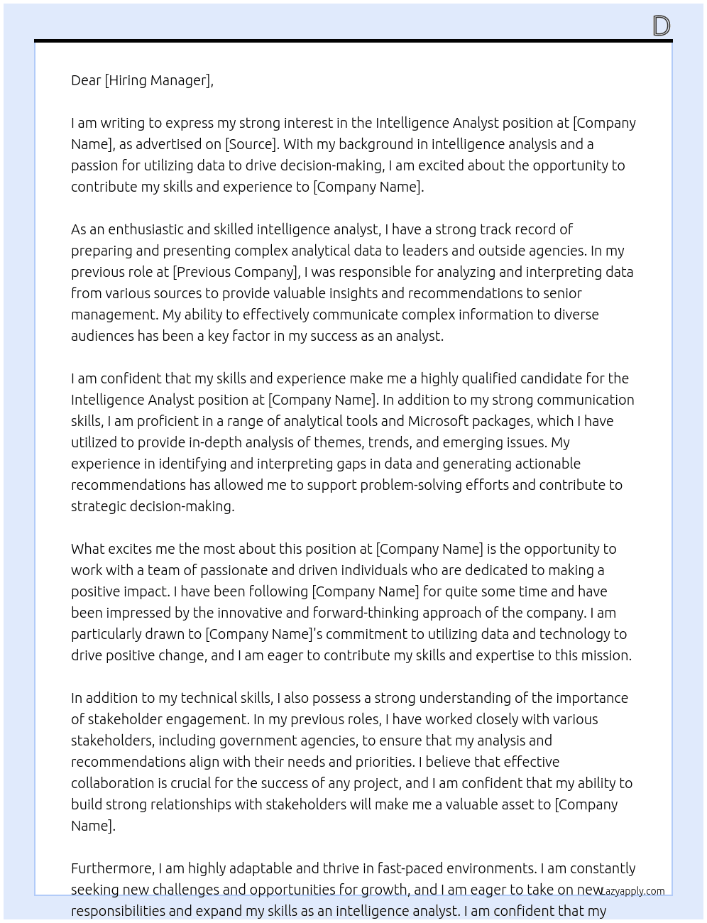 intelligence analyst At d Cover Letter
