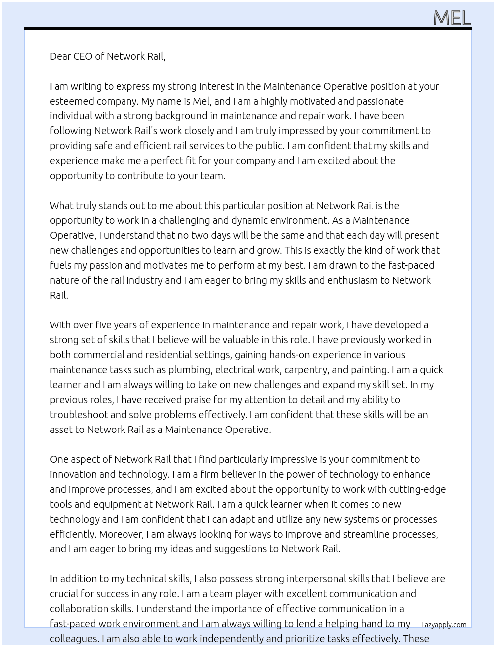 Maintenance operative  At Network rail Cover Letter