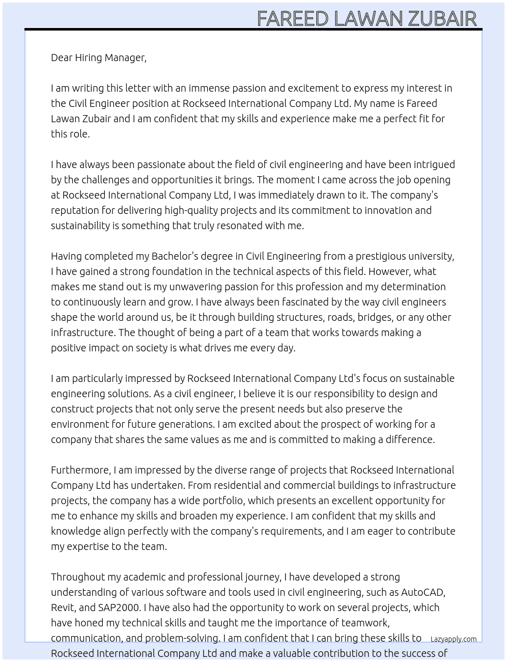 Civil Engineer  At Rockseed International Campany Ltd  Cover Letter