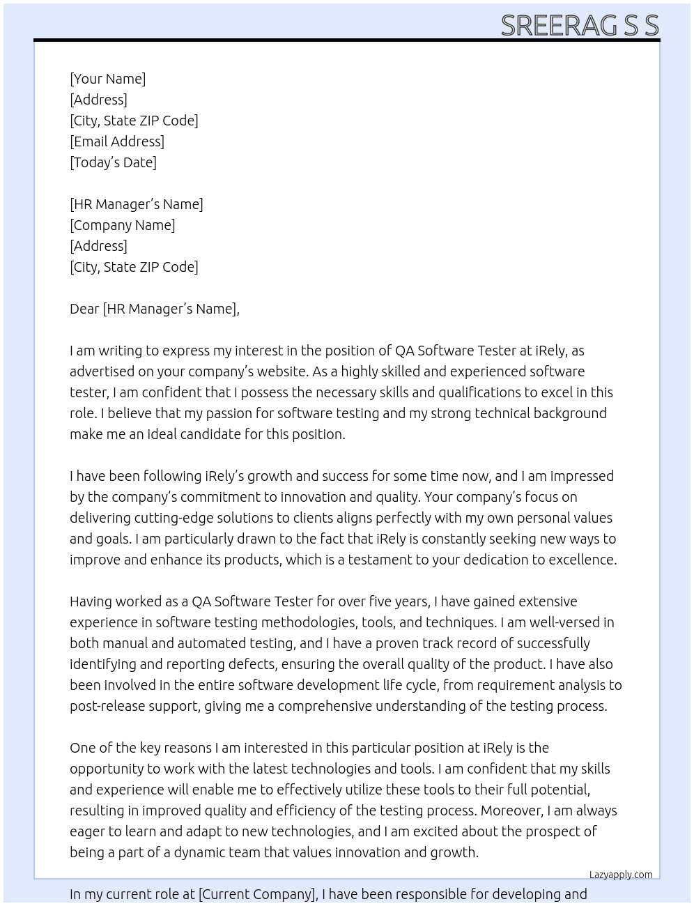 QA Software Tester At iRely Cover Letter