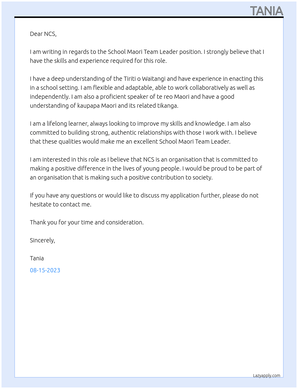 School Maori Team Leader At NCS Cover Letter