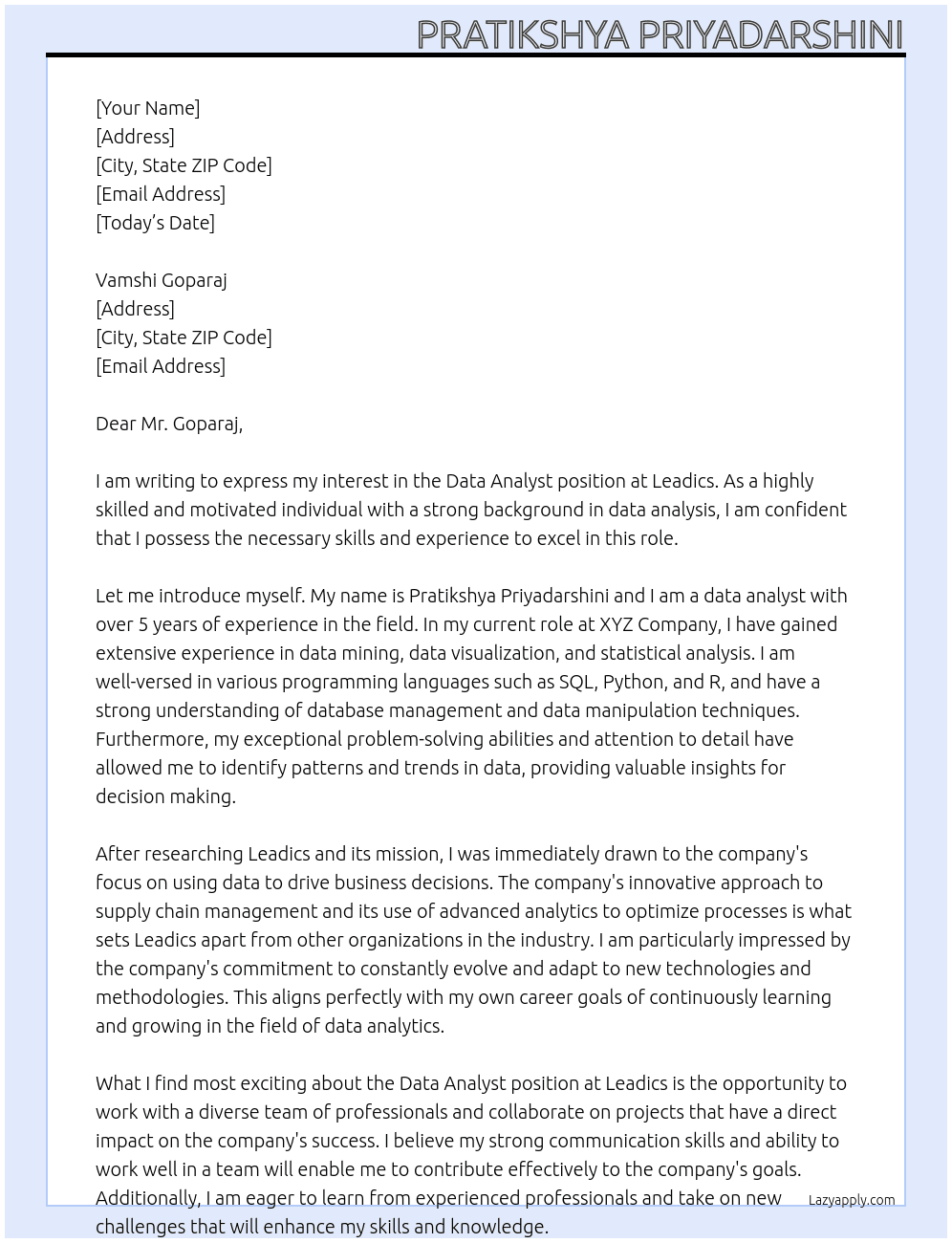 Data Analyst At Leadics Cover Letter