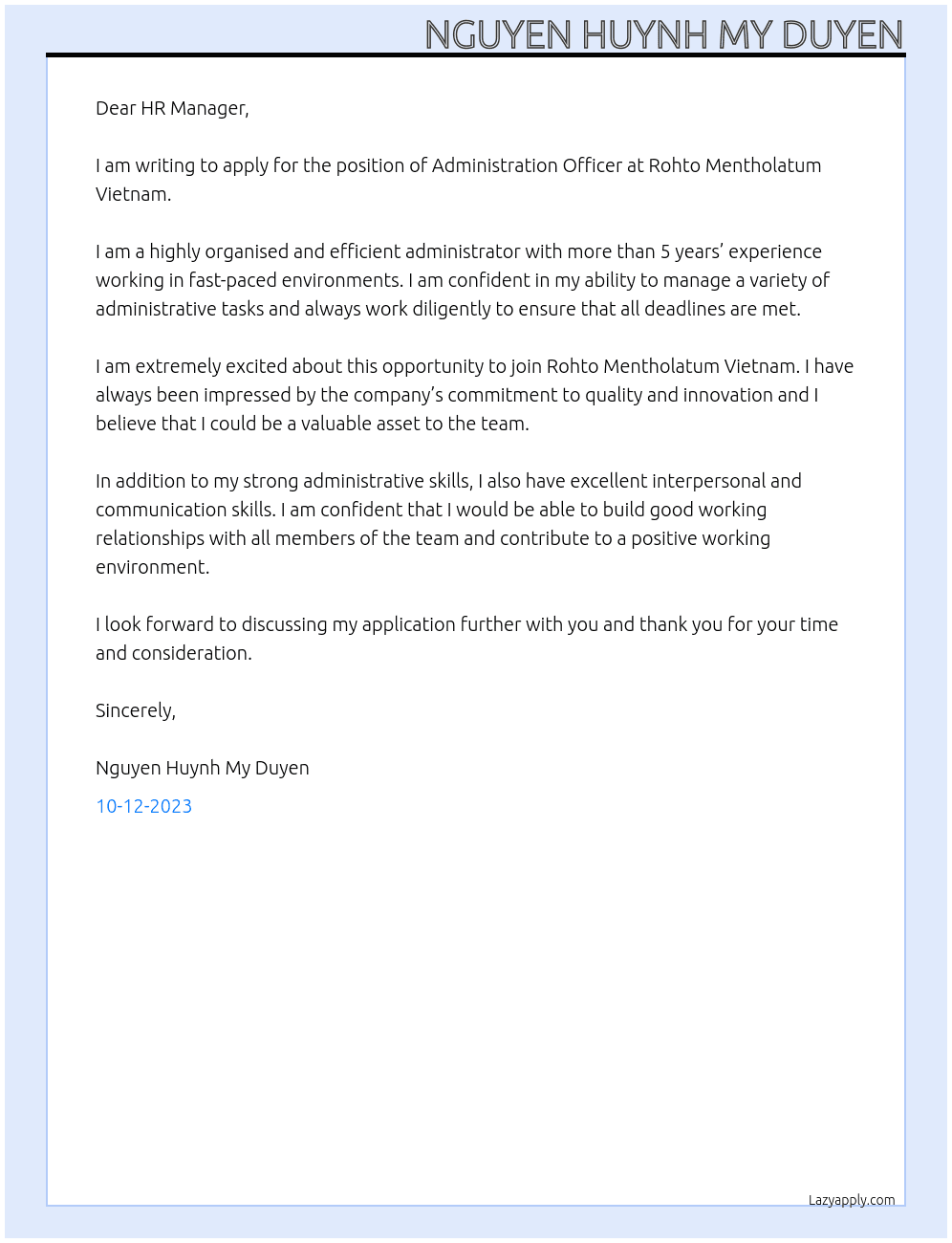 Administration Officer At Rohto Mentholatum Vietnam Cover Letter