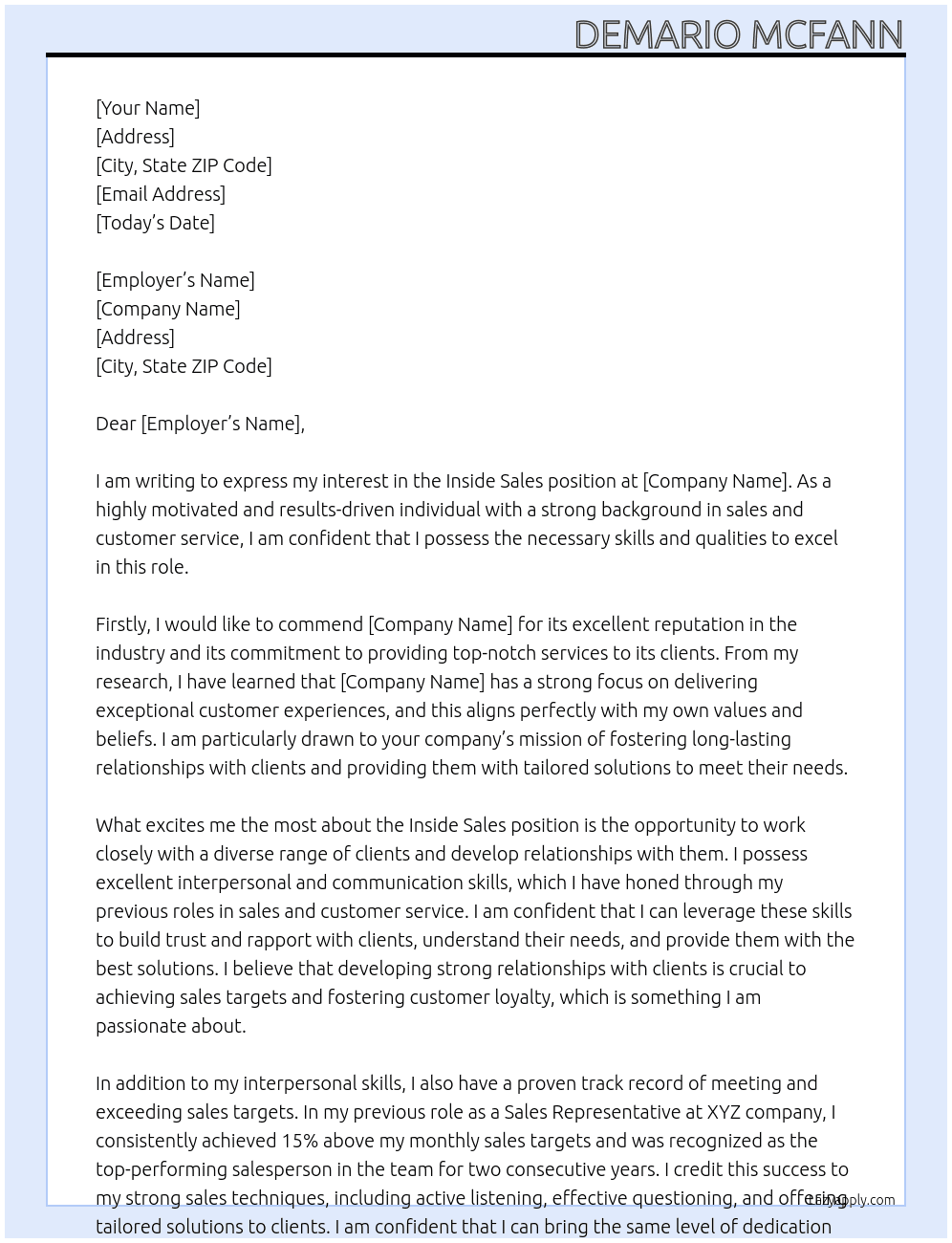 Inside Sales At N/A Cover Letter