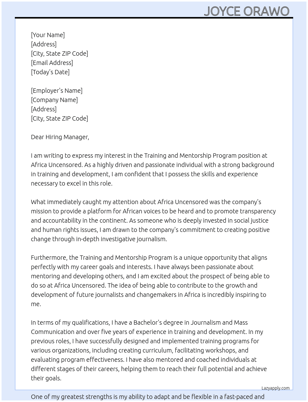 Training and Mentorship Program At Africa Uncensored  Cover Letter