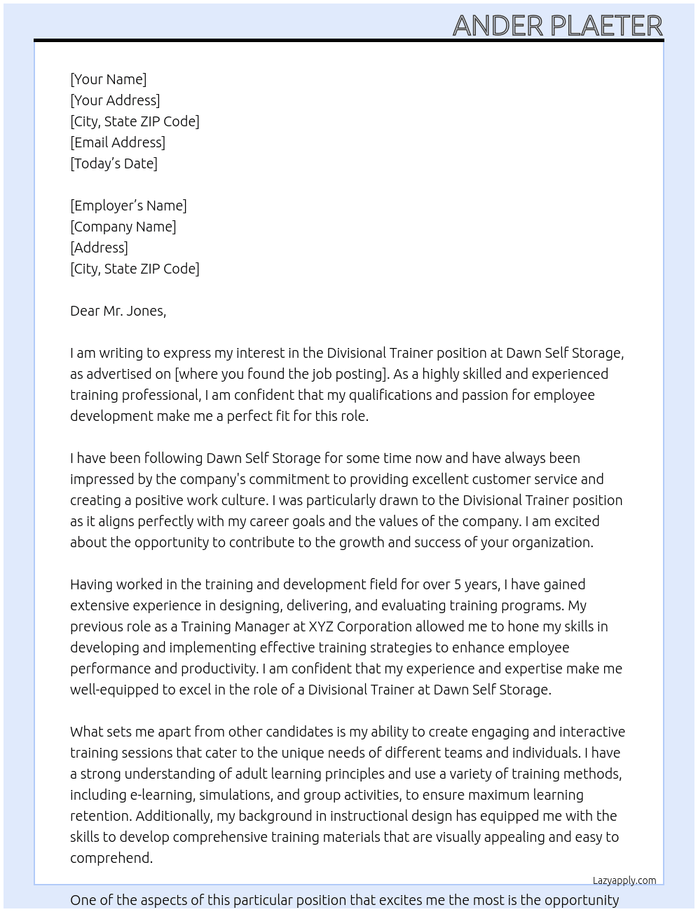 Divisional Trainer At Dawn Self Storage Cover Letter