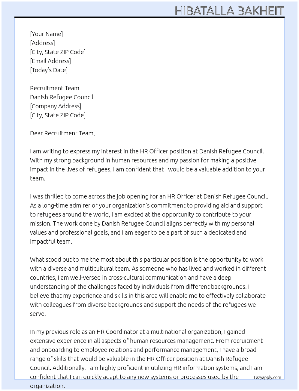 HR Officer At Danish Refugee Council Cover Letter
