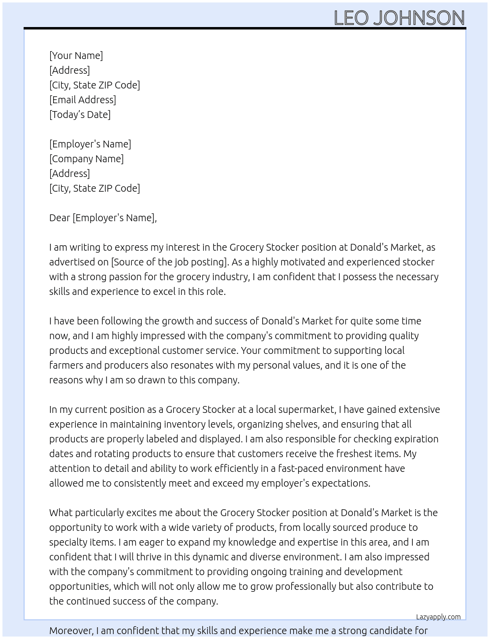 Grocery Stocker At Donald's Market Cover Letter