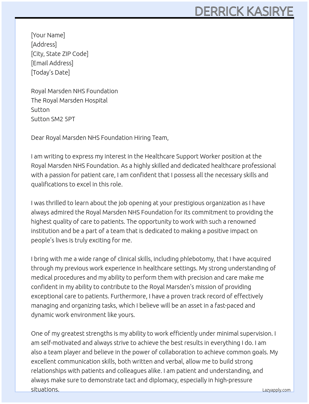  Healthcare Support Worker At Royal Marsden NHS Foundation Cover Letter
