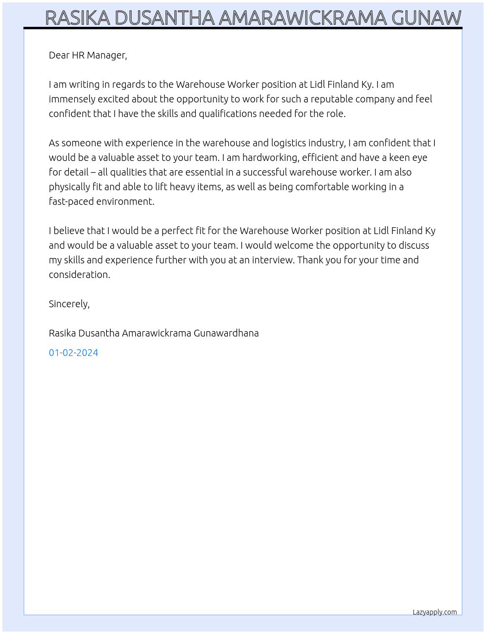 Warehouse Worker At Lidl Finland Ky Cover Letter