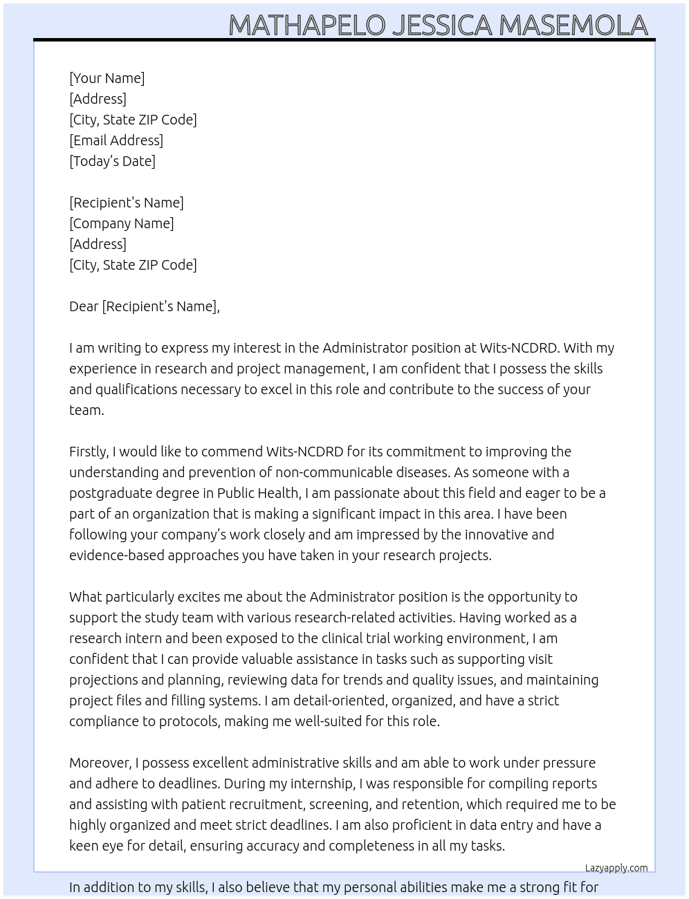 Administrator  At Wits-NCDRD Cover Letter