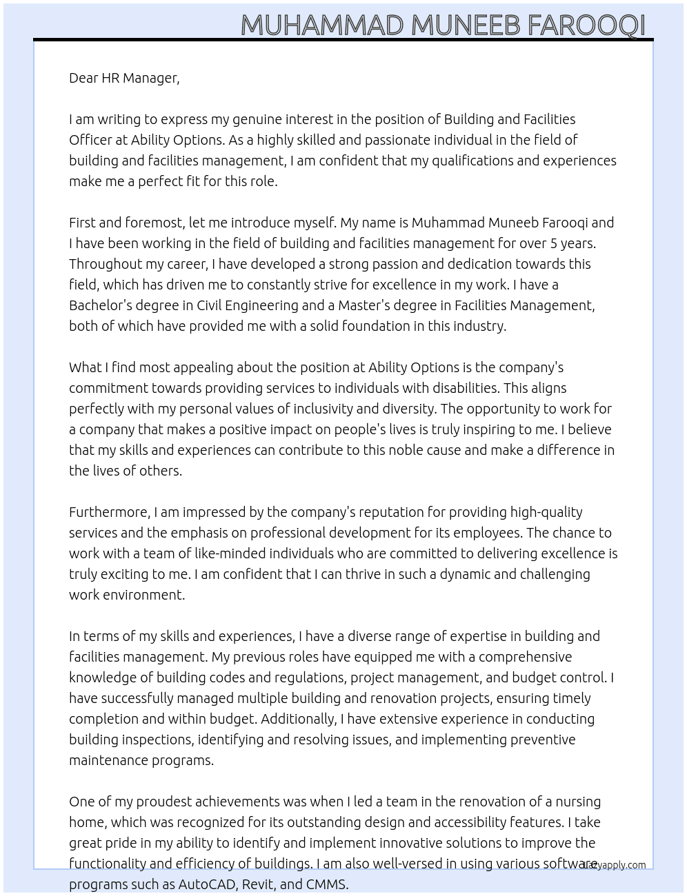 Building and facilities officer At Ability Options  Cover Letter