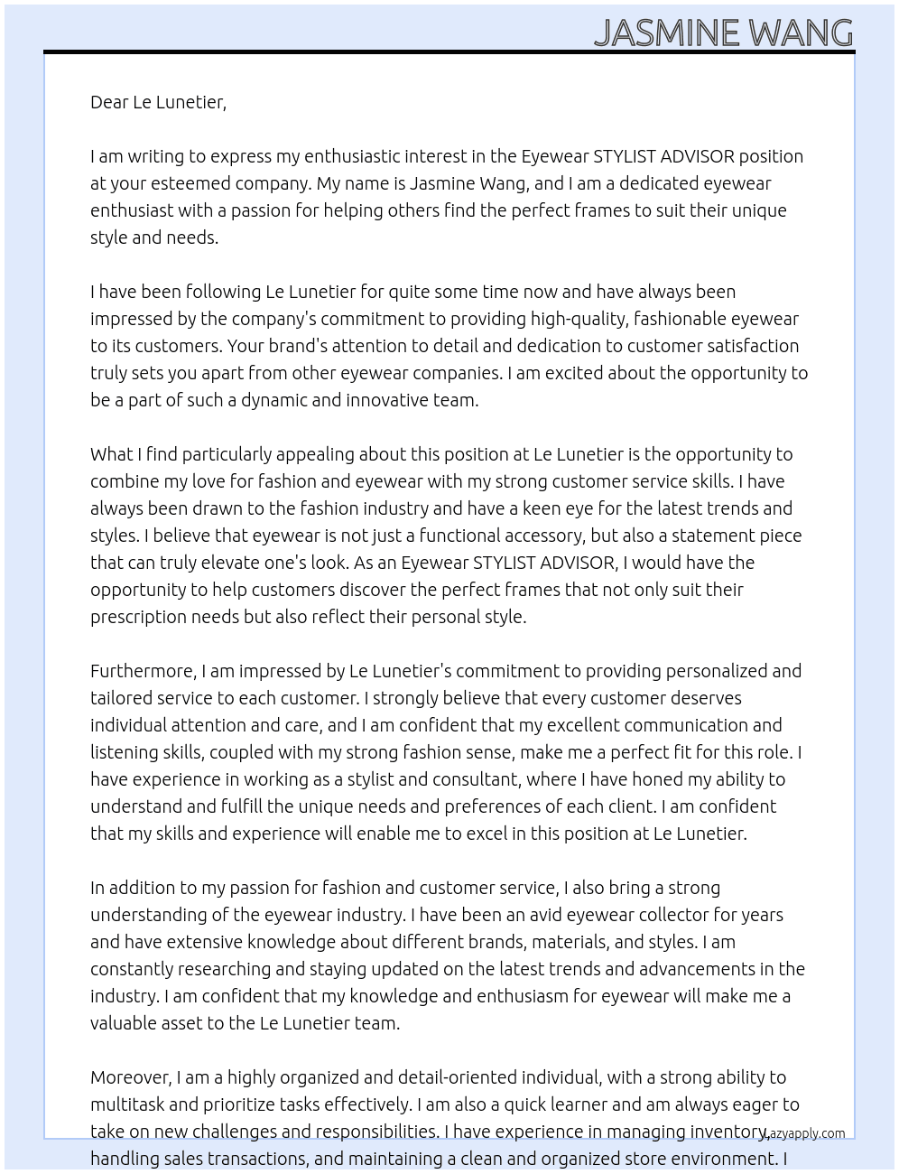 Eyewear STYLIST ADVISOR At Le Lunetier Cover Letter