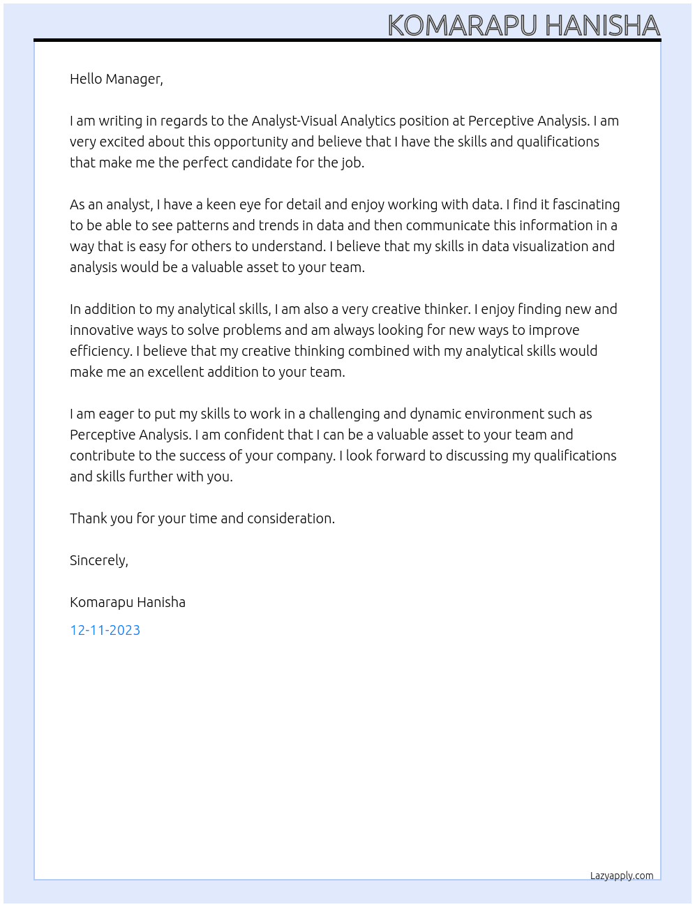 Analyst-Visual Analytics At Perceptive Analysis Cover Letter