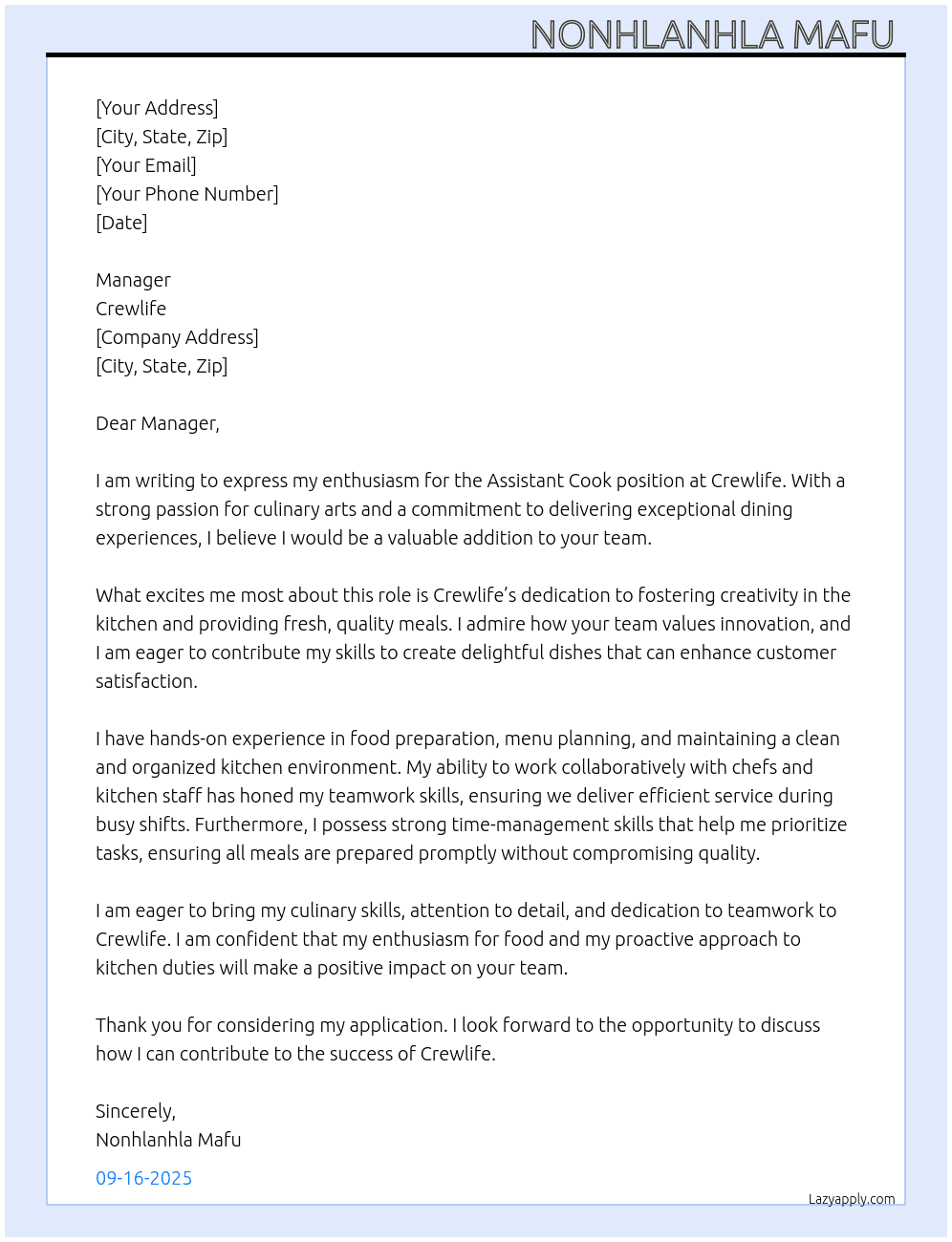 Assistant Cook  At Crewlife Cover Letter