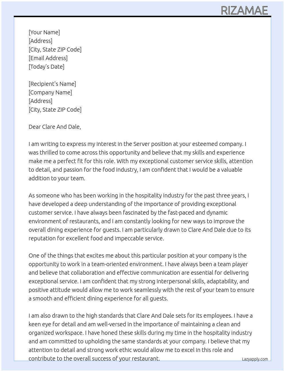Server At Clare And Dale Cover Letter