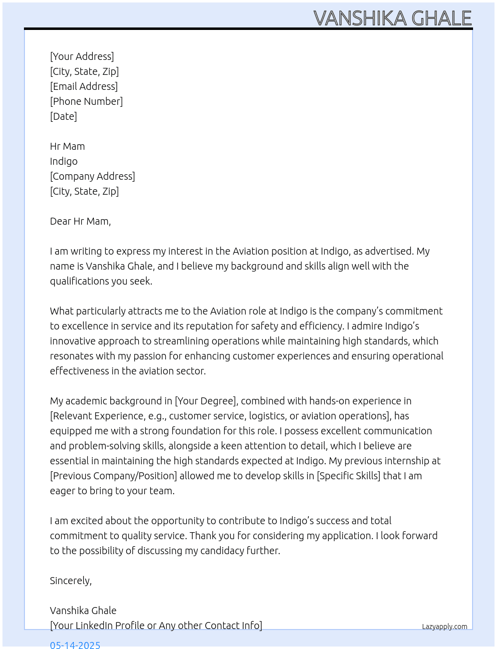 Aviation At Indigo Cover Letter