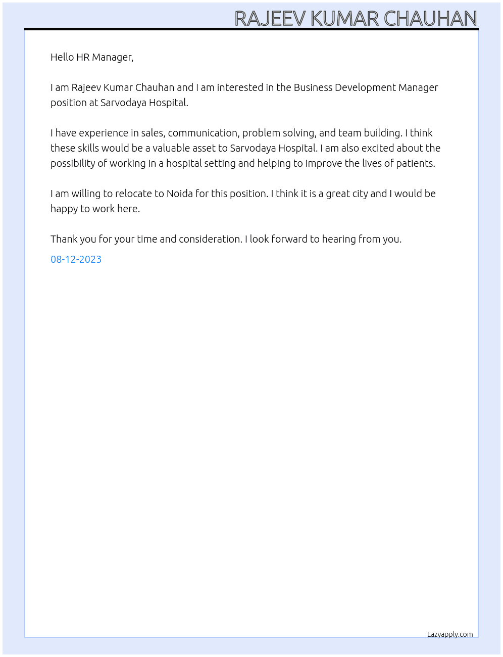 Business development manager  At Sarvodaya hospital  Cover Letter