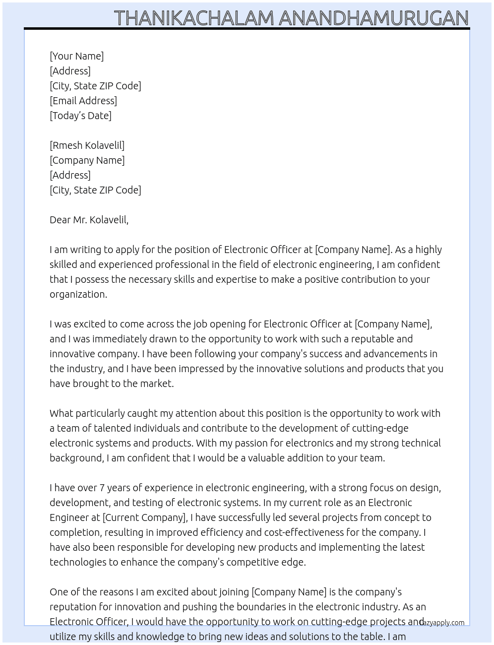 Electronic Officer At Rmesh kolavelil Cover Letter